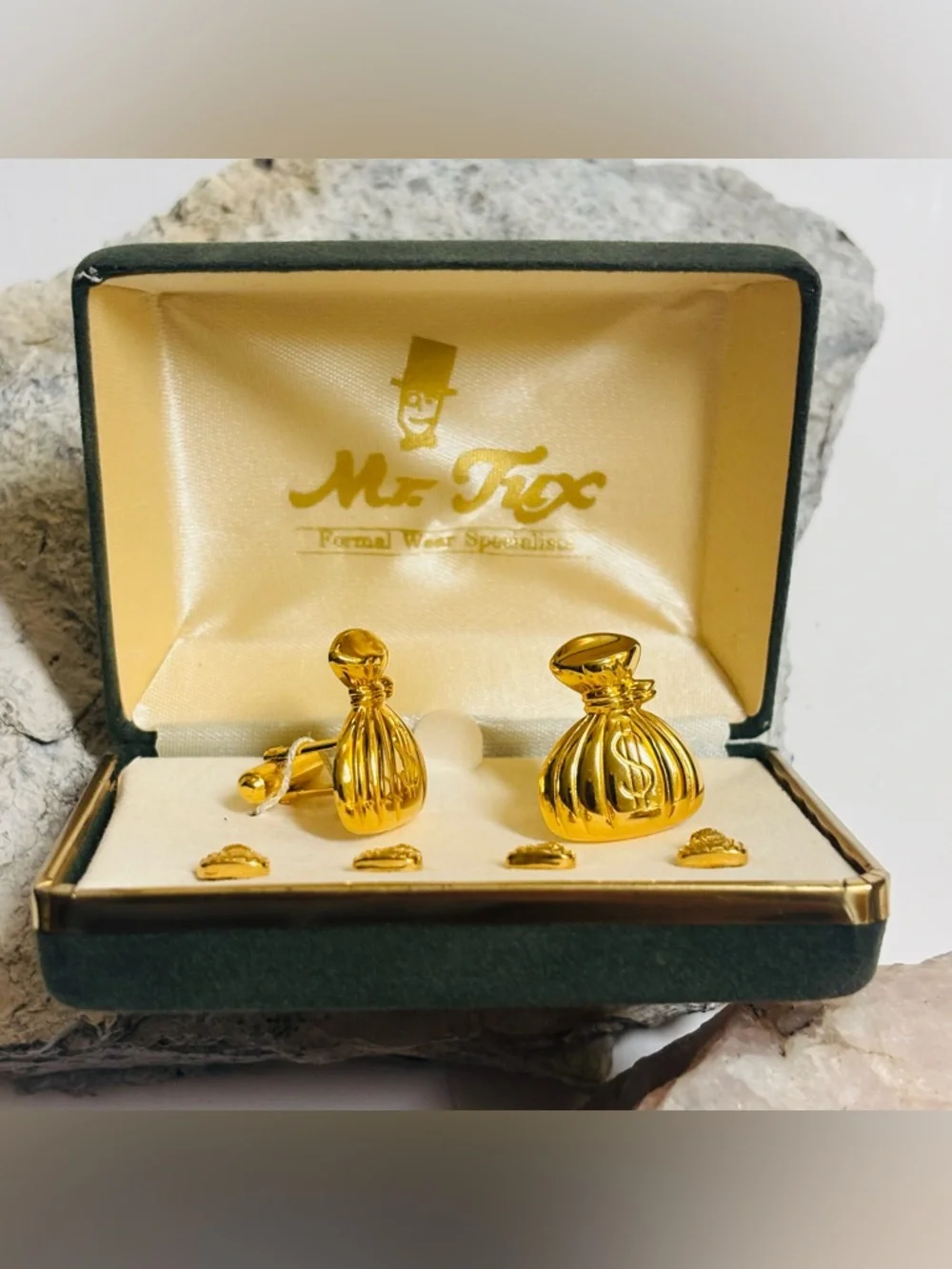 Mr. Tux Tuxedo Money Bag 💰 Gold Plated Vintage Cufflinks and Shirt Studs Set